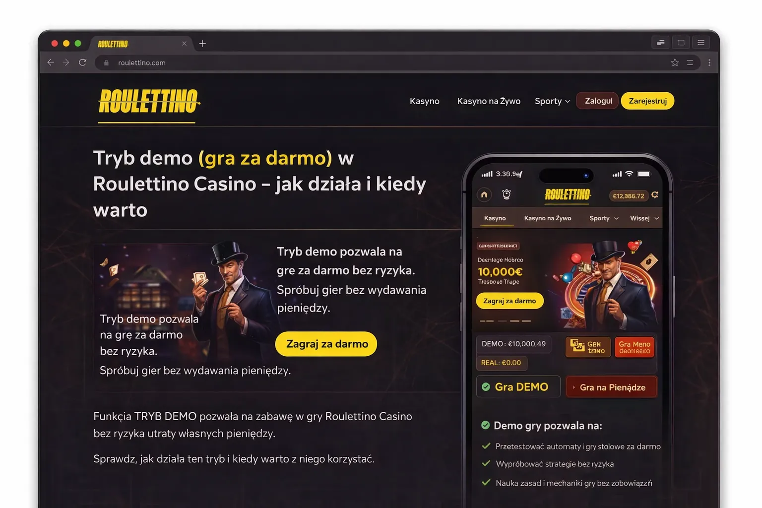 Zrzut ekranu z okna gry w Roulettino Casino z widocznym przyciskiem „Demo/Play for fun”